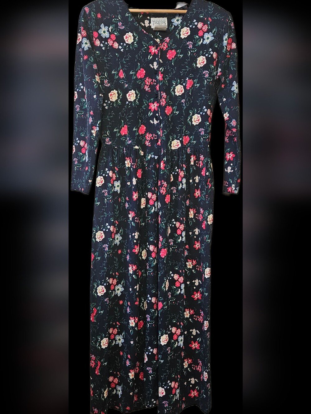 Floral Long Sleeve Maxi Dress - Navy with Pink & Cream Blooms